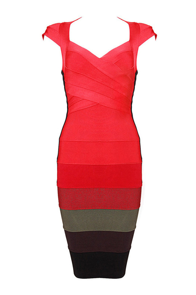 Cap Sleeve Bodycon Low Cut Color Block Warp Club Dress