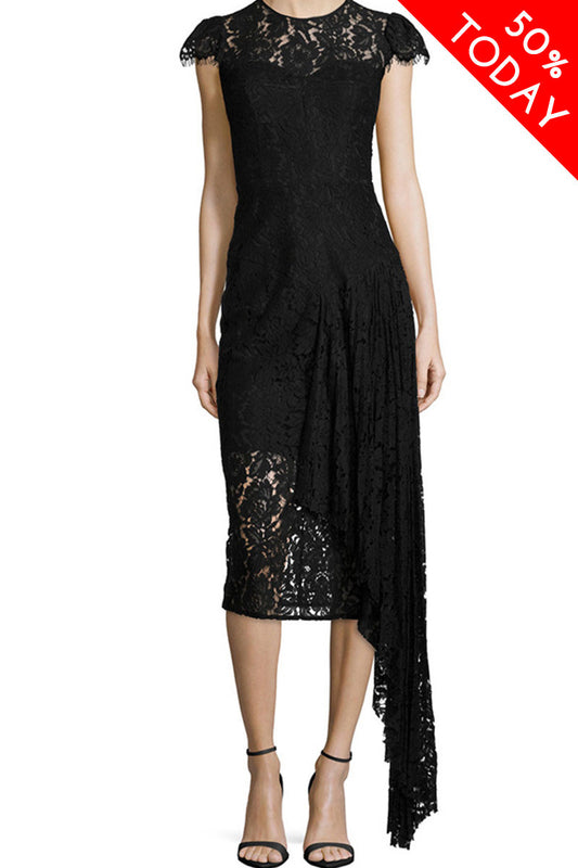 [50% OFF TILL 8 APR] Round Collar Sheer Lace Irregular Tail Slim Party Dress