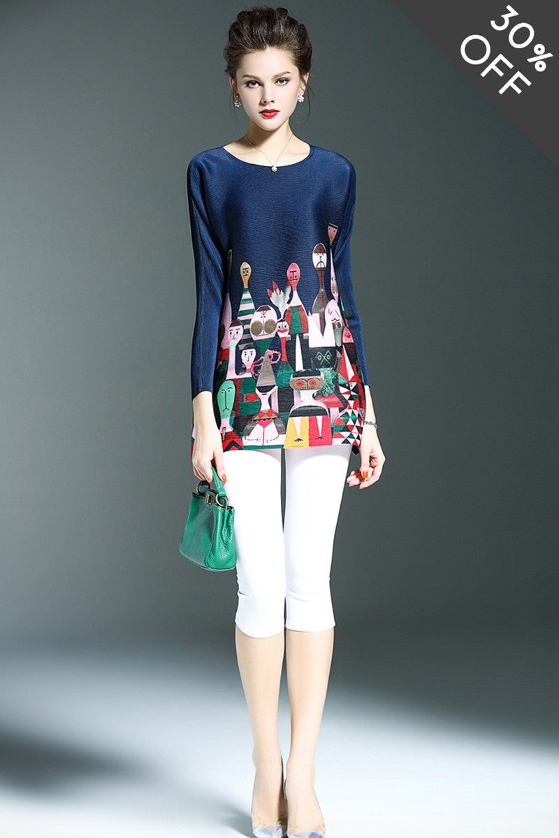 [30% OFF TILL 8 APR] Round Collar Pattern Print Loose Top