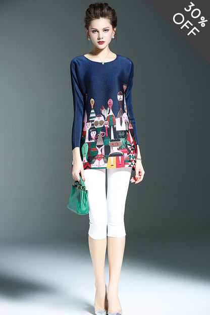 [30% OFF TILL 8 APR] Round Collar Pattern Print Loose Top