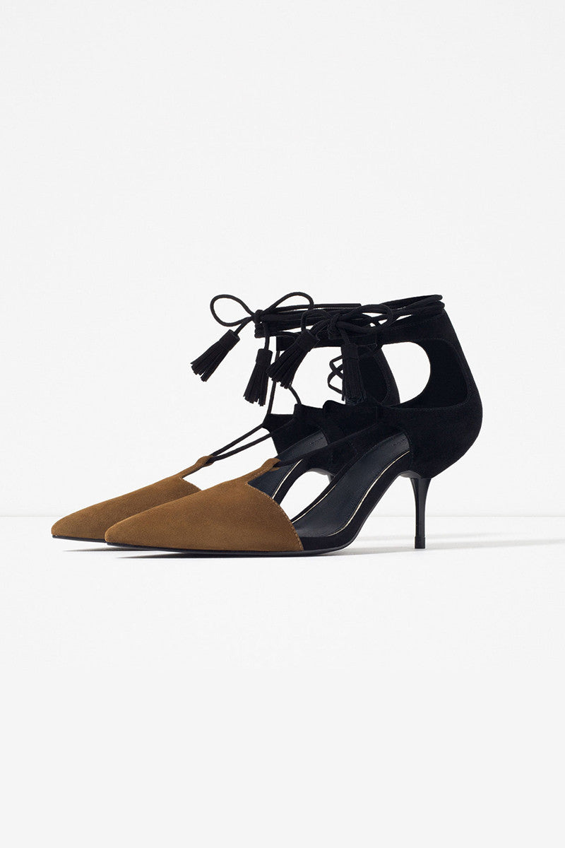 [30% OFF TILL 8 APR] Suede Leather Pointed Toe Lace-up Pumps
