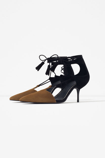 [30% OFF TILL 8 APR] Suede Leather Pointed Toe Lace-up Pumps