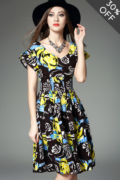 [30% OFF TILL 8 APR] V-Neck Flare Cap Sleeve Tiered Smoking Waist Band Floral Short Casual Dress