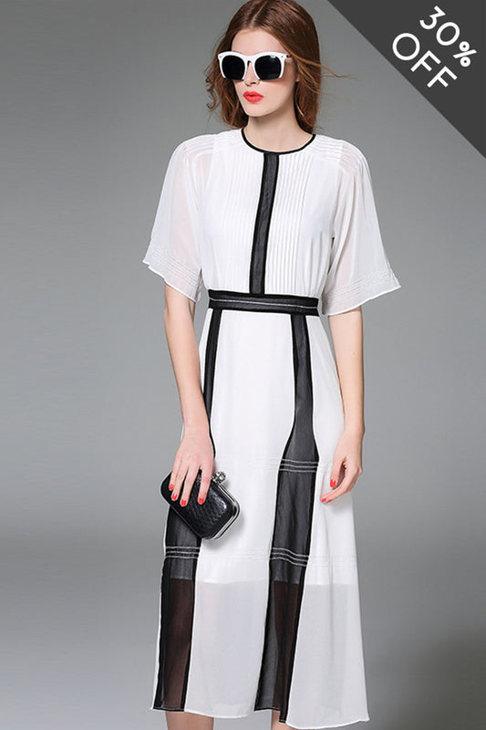 [30% OFF TILL 8 APR] Round Collar Pleated Chiffon Midi Sundress