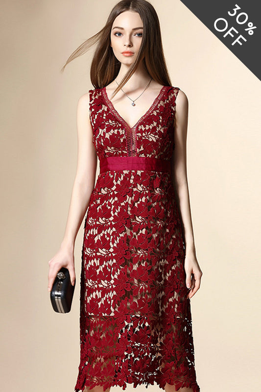 [30% OFF TILL 8 APR] Grace Hollow-Out Lace High-Waist Slim Cocktail Dress