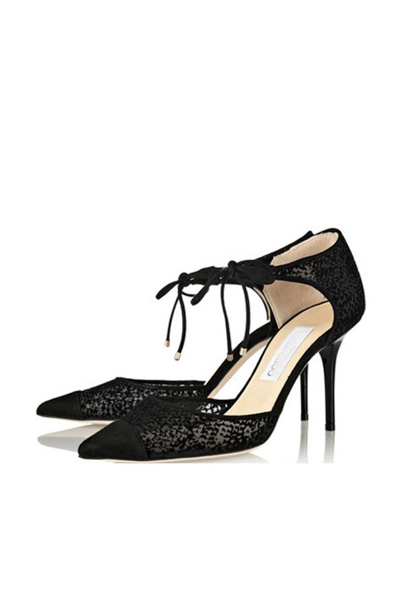 [30% OFF TILL 8 APR] Lace Pointed Toe Cut Out Strappy Pumps