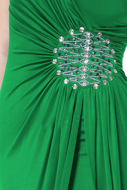 One Shoulder Rhinestone Beaded Side Slit Backless Formal Grown Dress