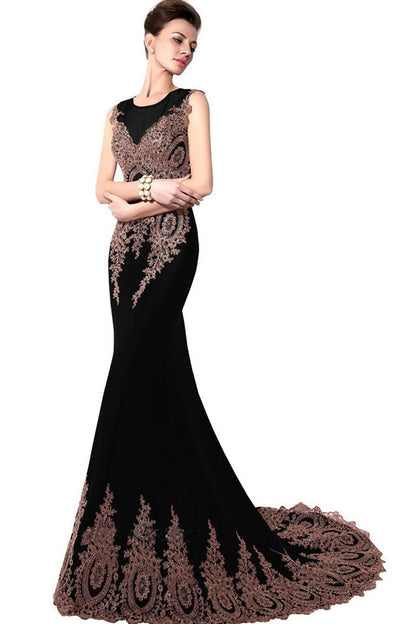 Sequin Beaded Rhinestone Illusion Mesh Mermaid Long Dress