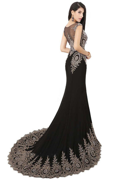Sequin Beaded Rhinestone Illusion Mesh Mermaid Long Dress