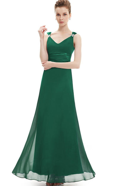 Double V-Neck Rhinestones Ruched Bust Gown Long Dress