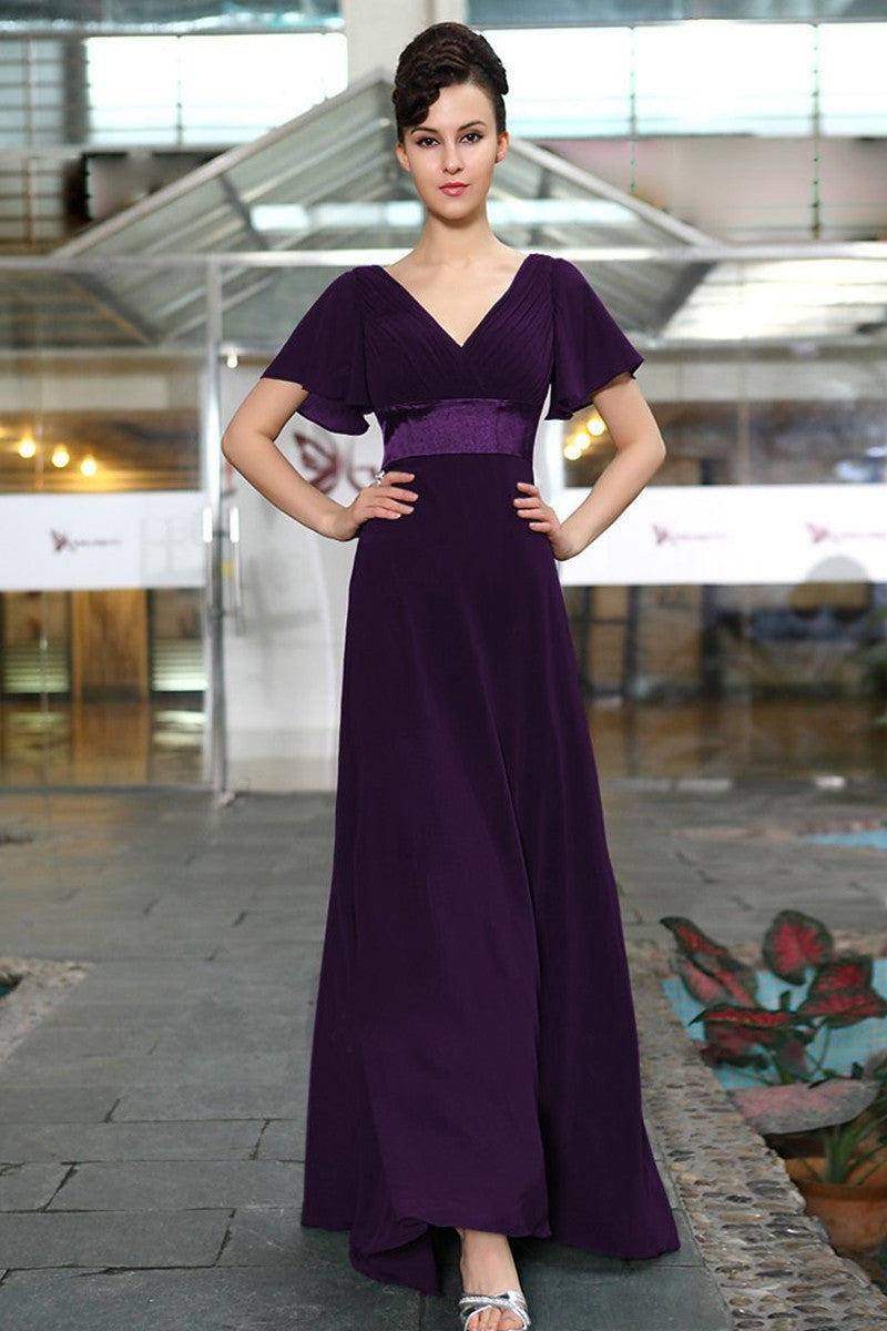 Deep V Neck Empire Waist Flare Mesh Sleeve Backless Dress Gown
