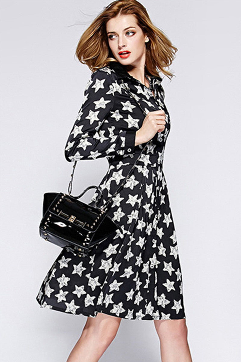 Star Pattern Button Down Flared Shirt Dress