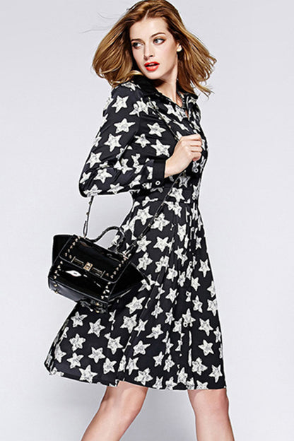Star Pattern Button Down Flared Shirt Dress