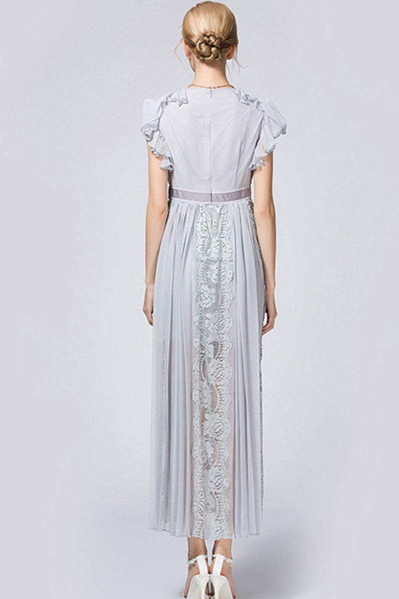 Multi Ruffle Sleeve Open Overlap Lace-inset Maxi Dress