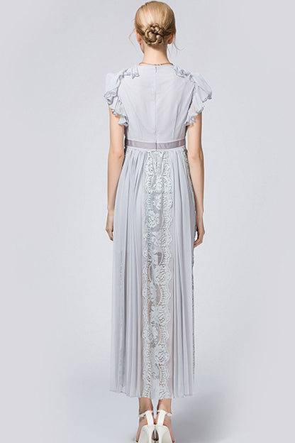 Multi Ruffle Sleeve Open Overlap Lace-inset Maxi Dress