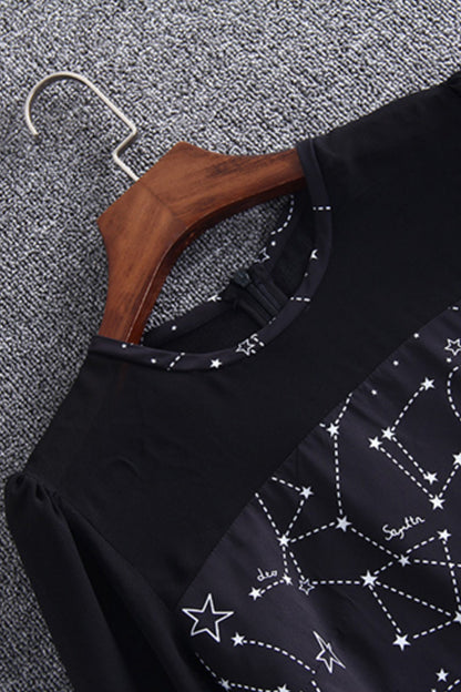 Round Neck Puff Sleeve Star Printting Midi Dress - NJOYDRESS - 3