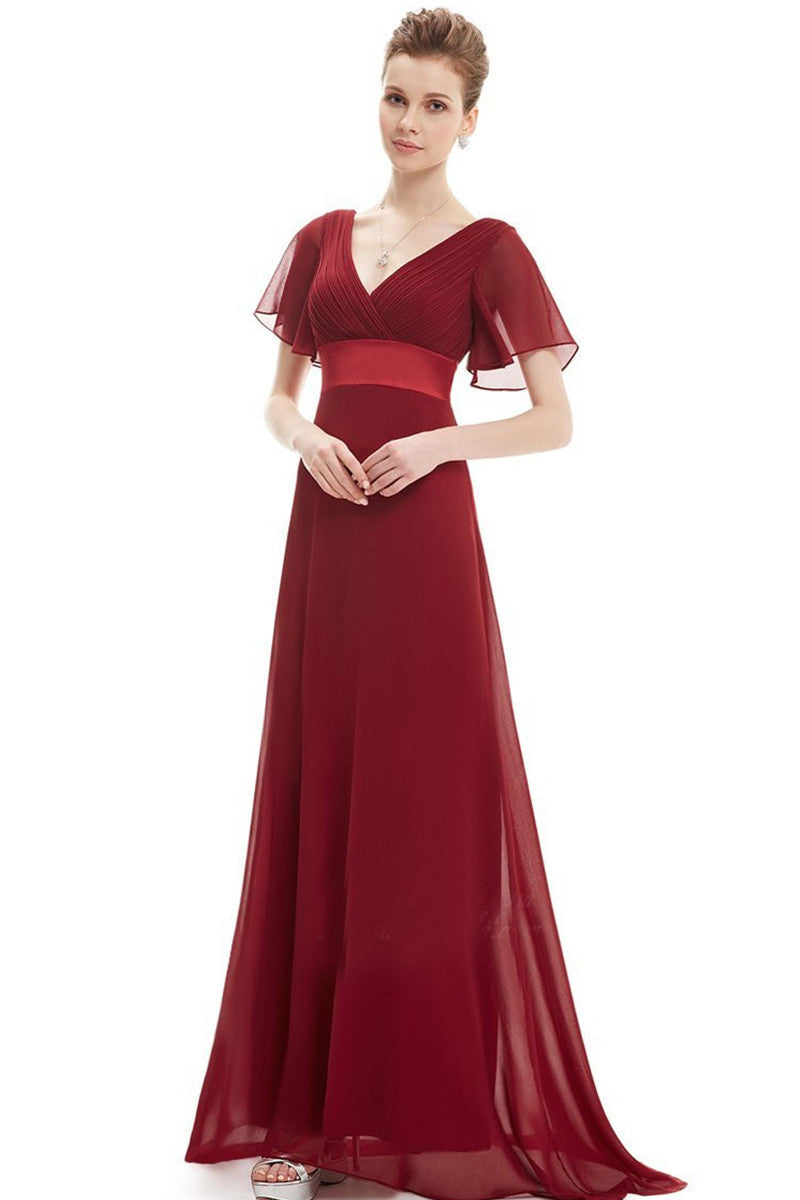 Deep V Neck Empire Waist Flare Mesh Sleeve Backless Dress Gown