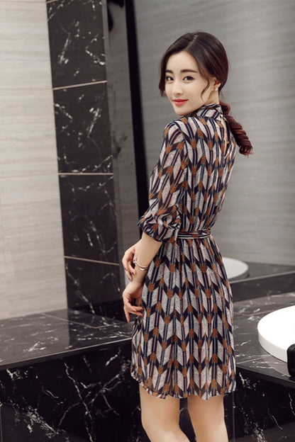 WOMNE'S GRACE STAND COLLAR HALF SLEEVE PRINT AND FLORAL SHORT DRESS