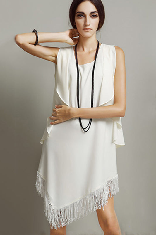 Scoop Neck Side Layer Irregular Bottom With Fringe Short Dress