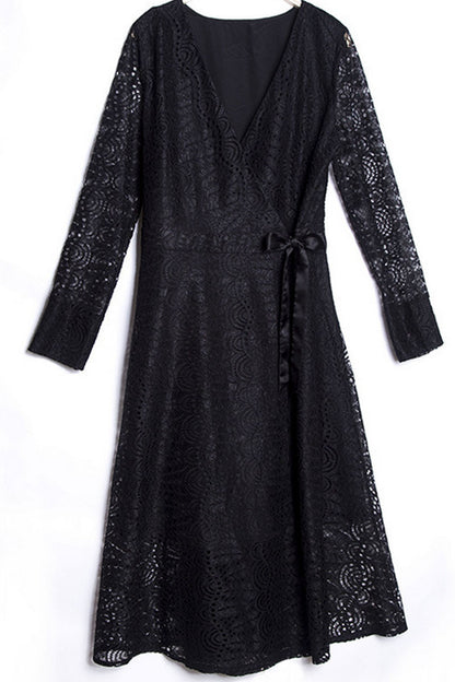 V Neck Hollow Out Lace Shirring Lacing Waist Midi Dress