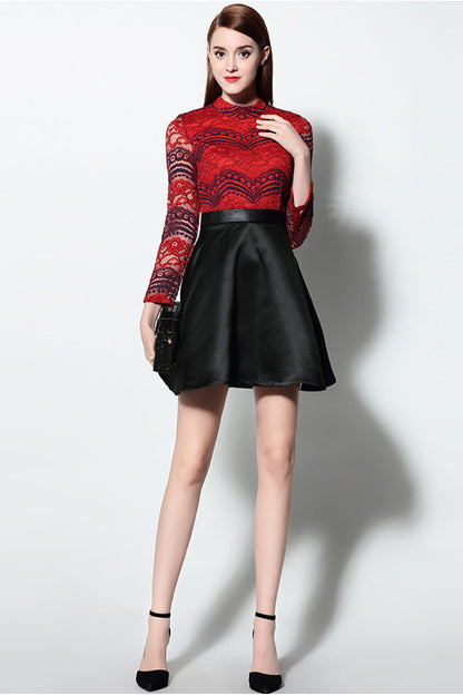Faux 2pcs Dress Full Red Lace Top With Flared Skirt - NJOYDRESS - 1