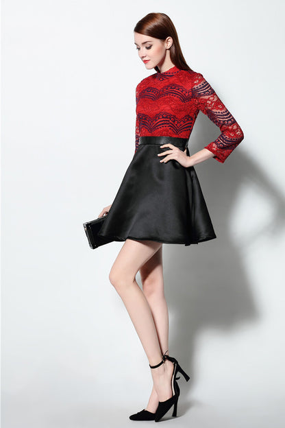 Faux 2pcs Dress Full Red Lace Top With Flared Skirt - NJOYDRESS - 2