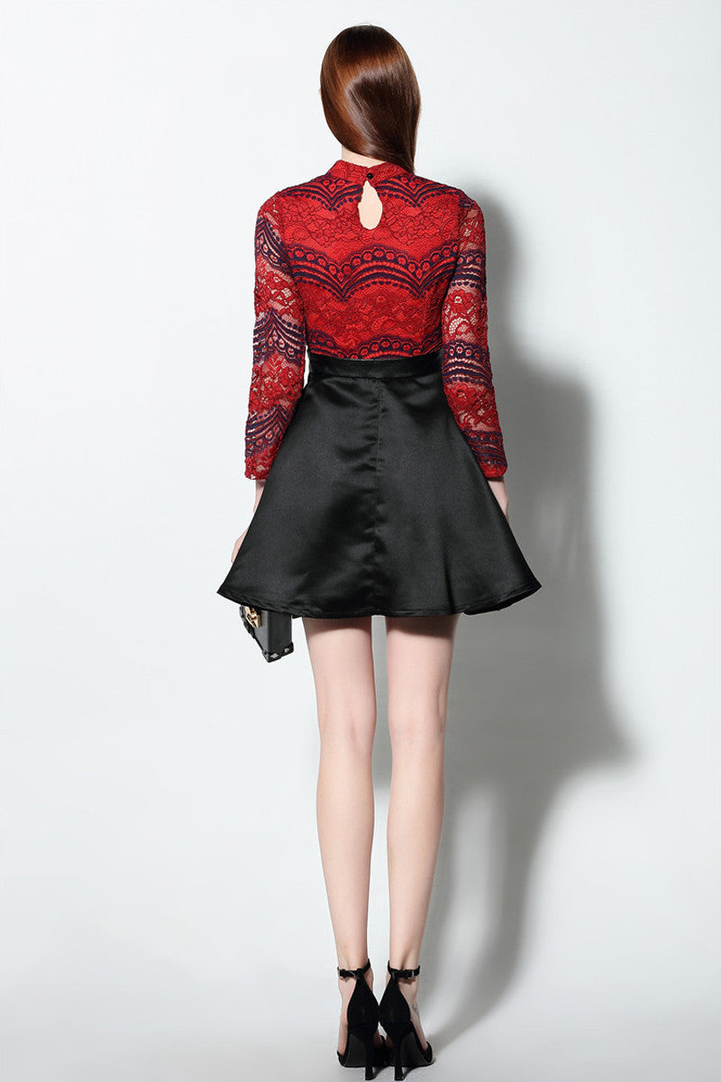 Faux 2pcs Dress Full Red Lace Top With Flared Skirt - NJOYDRESS - 3