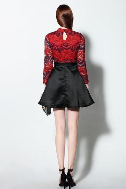 Faux 2pcs Dress Full Red Lace Top With Flared Skirt - NJOYDRESS - 3