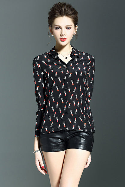 Button Down Shirts With Rouge Printted - NJOYDRESS - 1