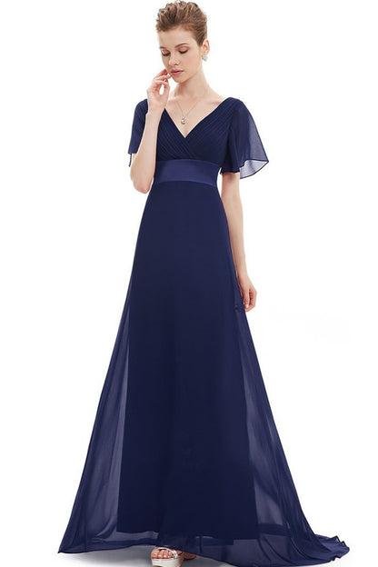 Deep V Neck Empire Waist Flare Mesh Sleeve Backless Dress Gown