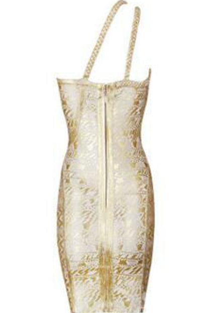 [50% OFF TILL 8 APR] Gold Foil Print Illusion One Shoulder Short Party Dress