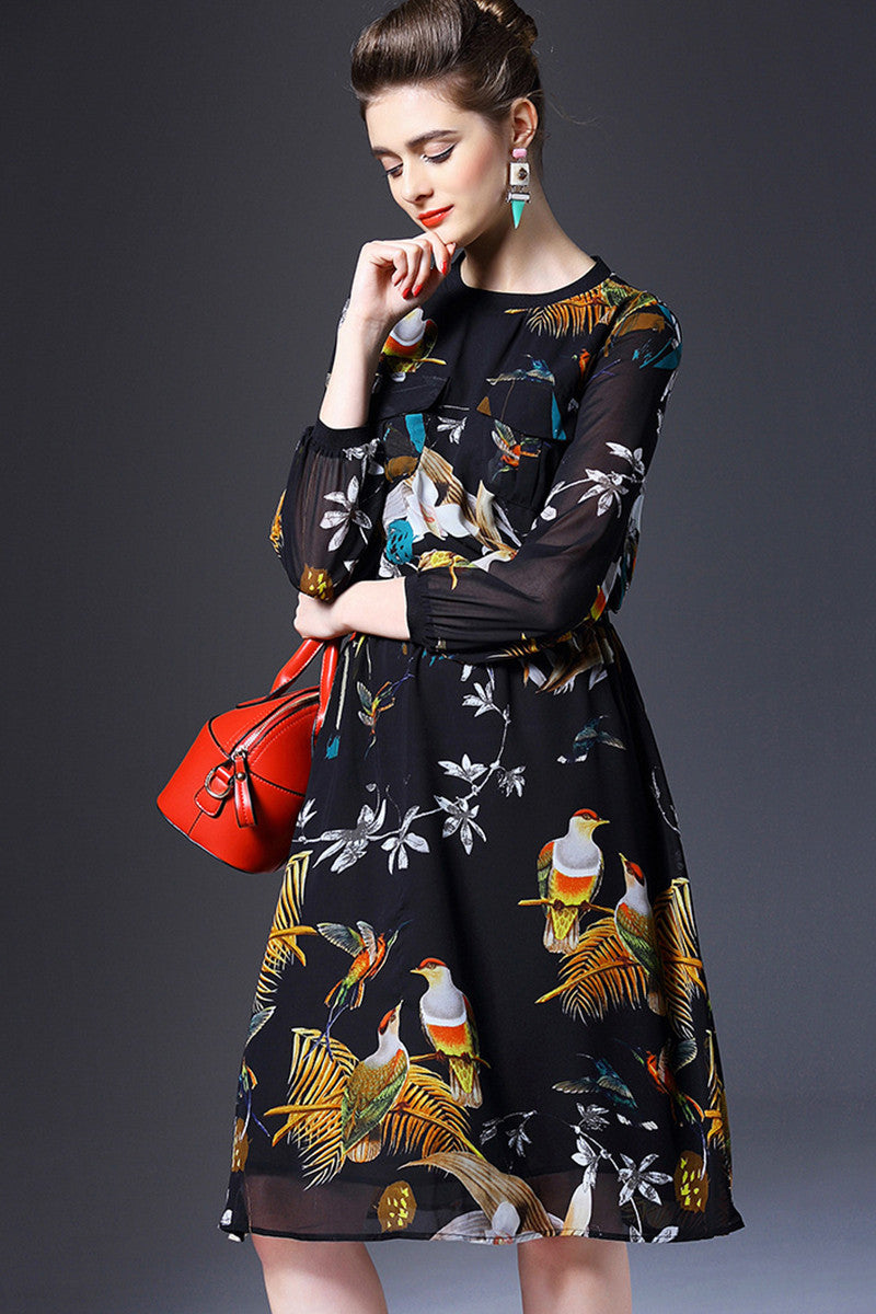 Bird Printing Round Neck Flared Dress