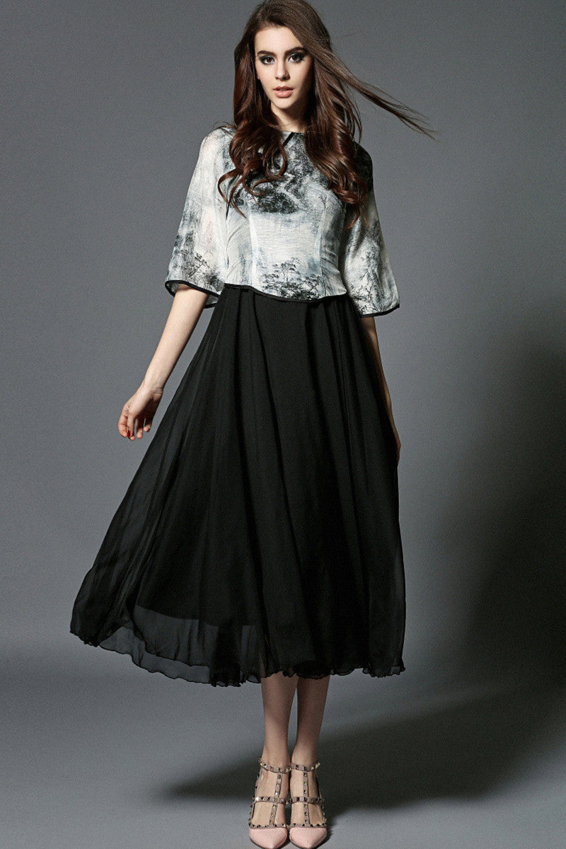 VINTAGE CHINESE STYLE STAND COLLAR HALF SLEEVE WASH PAINTING DRESS
