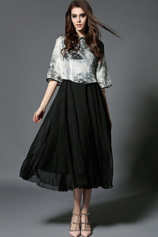 VINTAGE CHINESE STYLE STAND COLLAR HALF SLEEVE WASH PAINTING DRESS