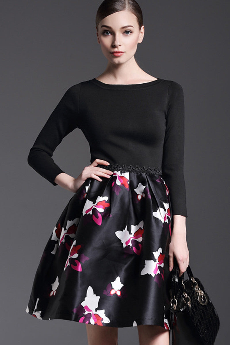Boat Collar Knit Long sleeve Patch Print Full Dress