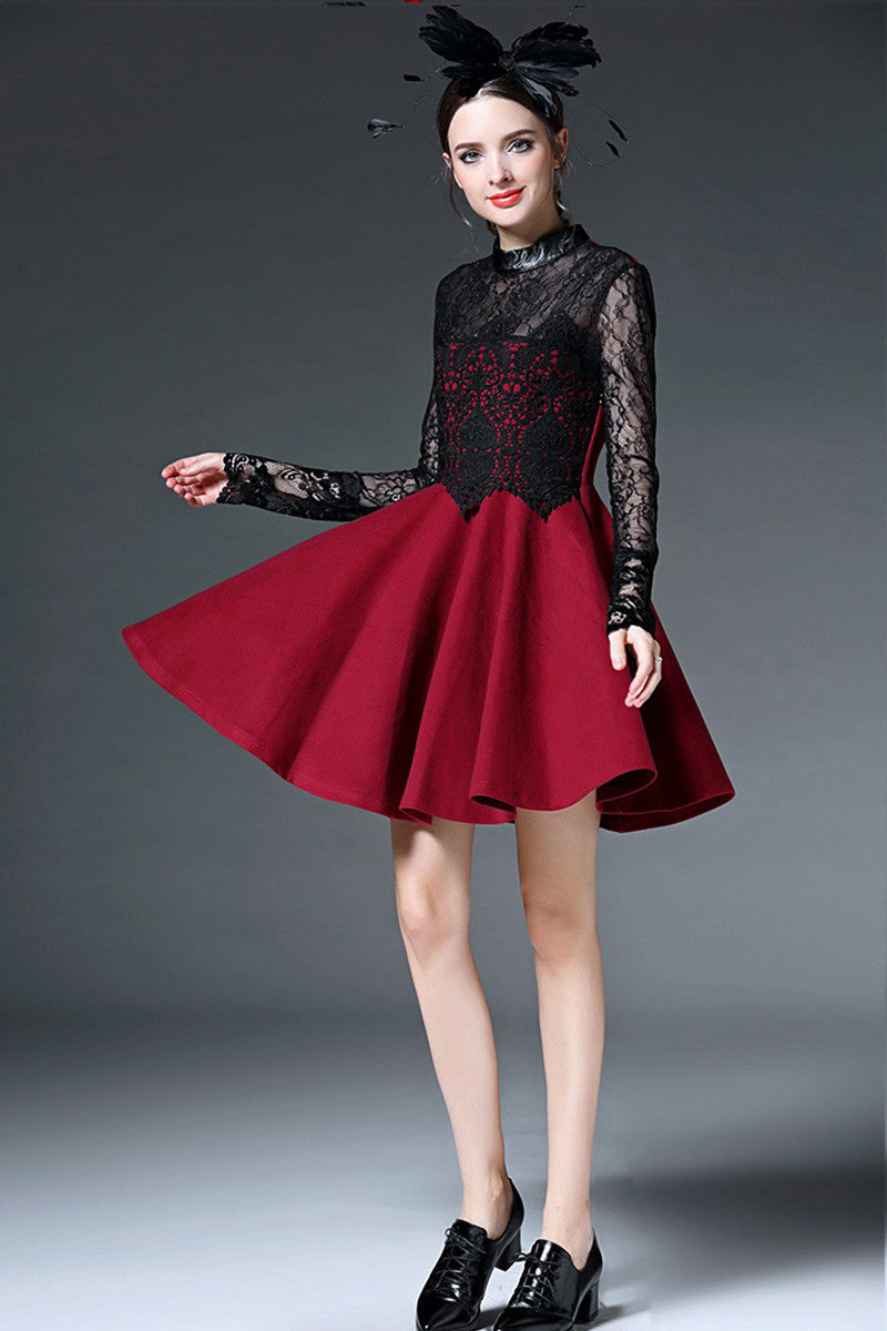 Little High Neck See Through Lace Patch Mini Dress - NJOYDRESS - 2