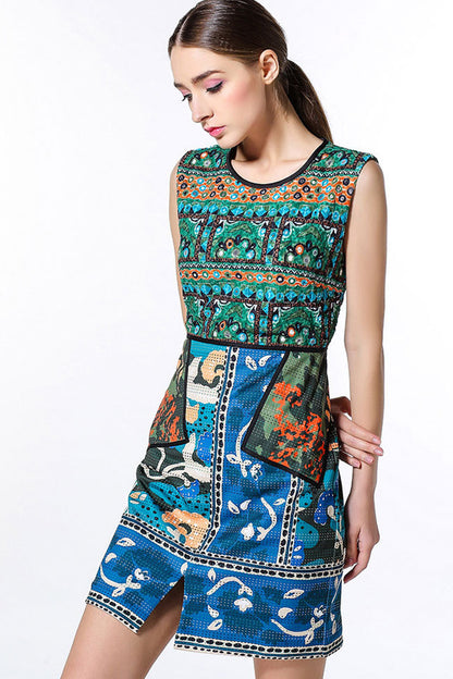 Tribal Print Round Neck Little From Slit Short Dress