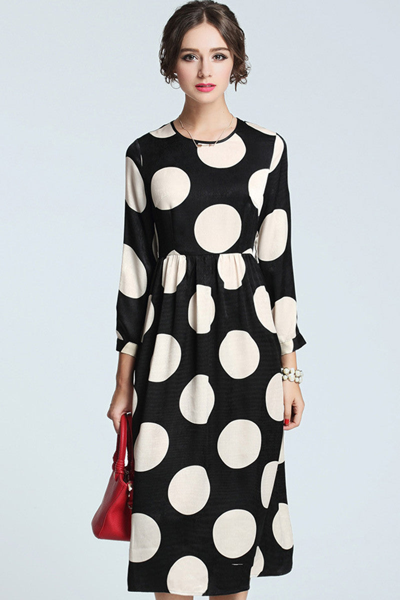 Round Collar Dots Print Empire Waist Swing Dress