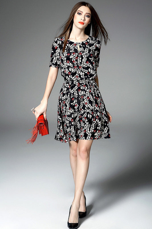 WOMEN'S ROUND NECK PRINTING SHORT DRESS