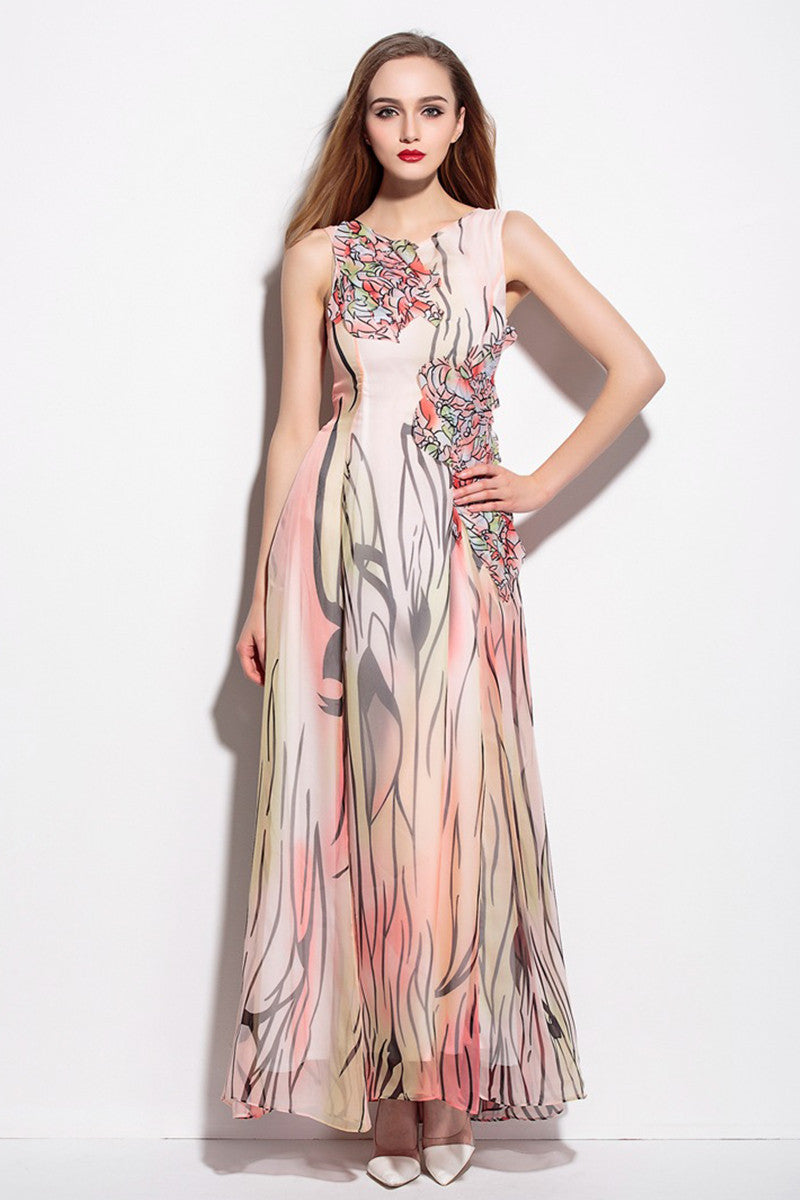 Elegant Sleeveless Floral Boho Ball Gown