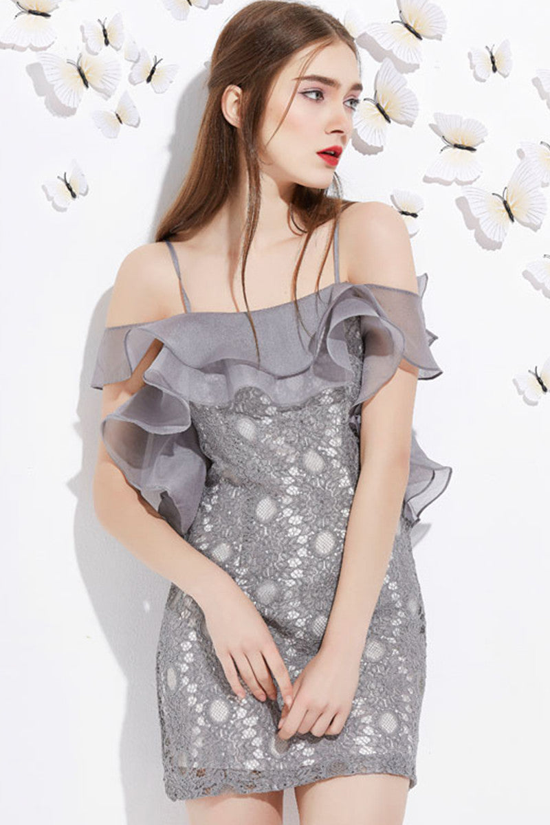 Off Shoulder Ruffle Hem Lace Applique Spaghetti Dress