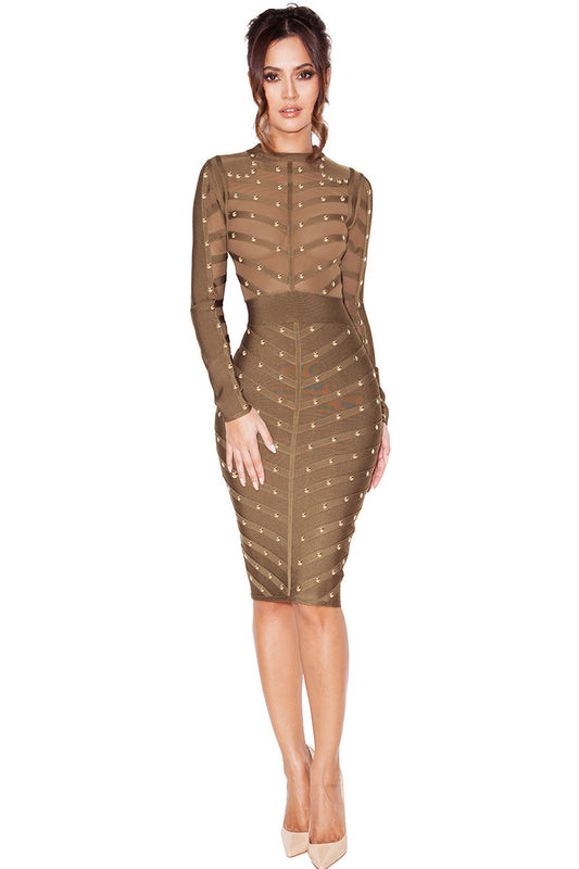 Studed Lace Srtipe Bodycon Long Sleeve Wrap Midi Dress
