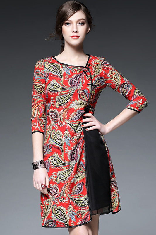 Round Collar Elegant Pattern Chffon Patch Chi-Pao Dress - NJOYDRESS - 1