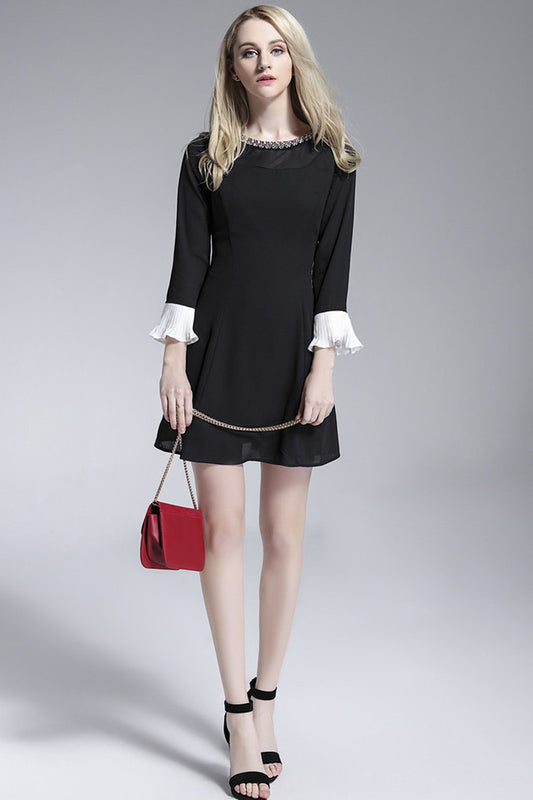 Beaded Round Collar Ruffle Flare Sleeve Slim Dress