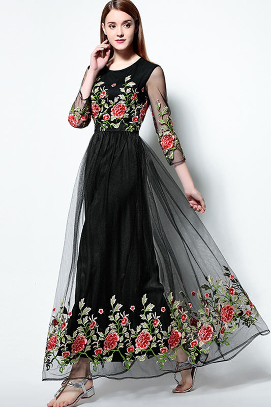 Rose Embroidered Illusion Long Cocktail Dress