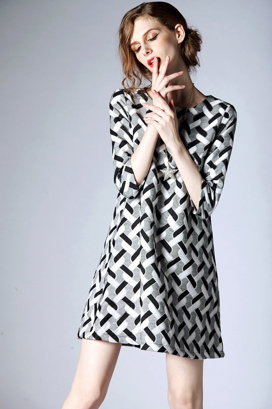 women's casual 3/4 sleeve printing a-line boat neck dress