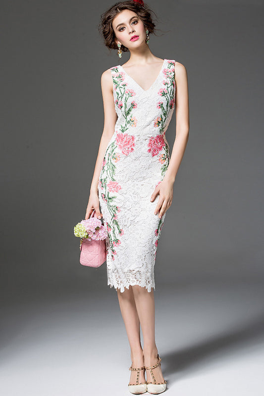ELEGANT COCKTAIL PARTY V NECK BODYCON SLEEVELESS MIDI DRESS