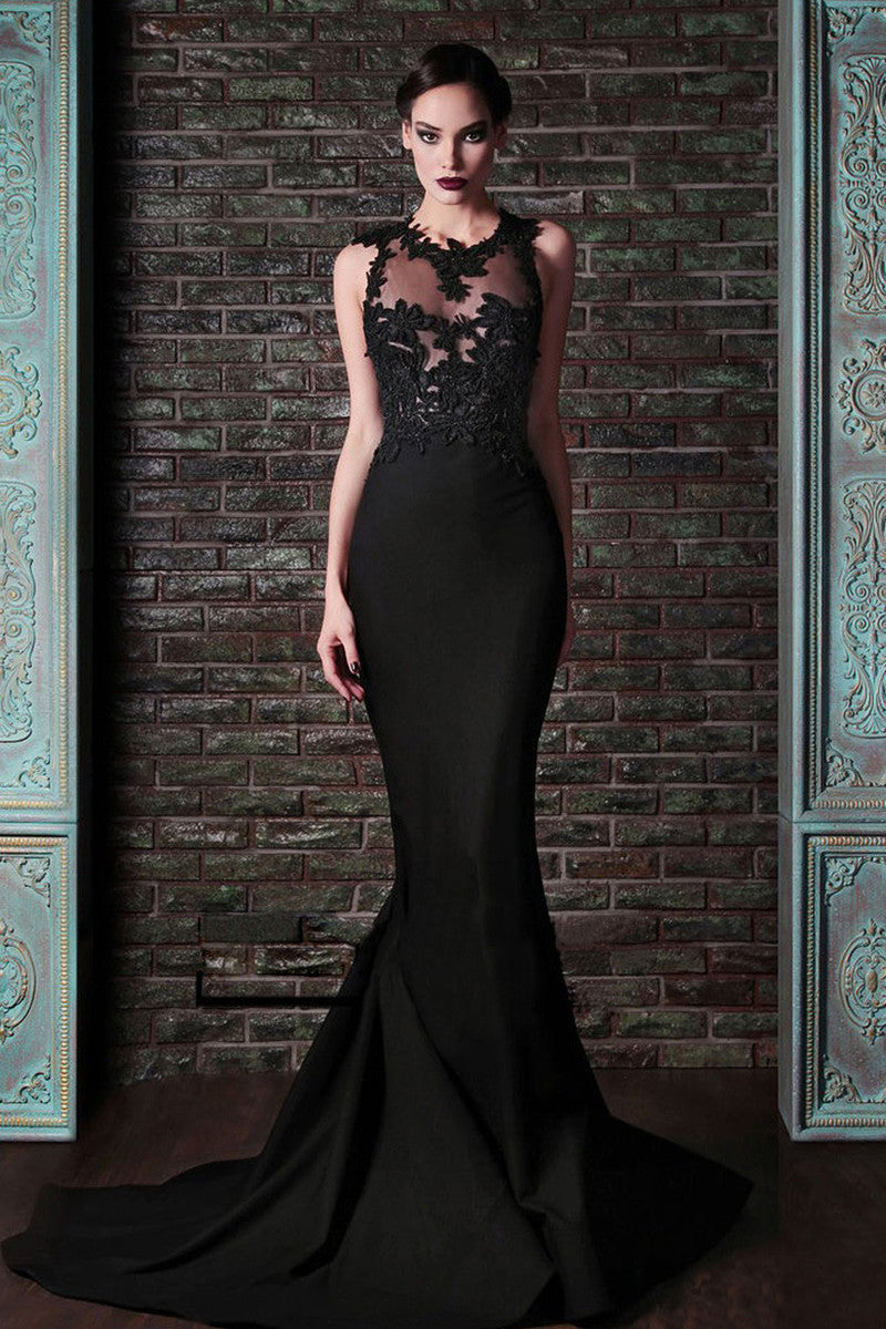 Sheer Mesh Lace Illusiion Cross Back Mermaid Gown