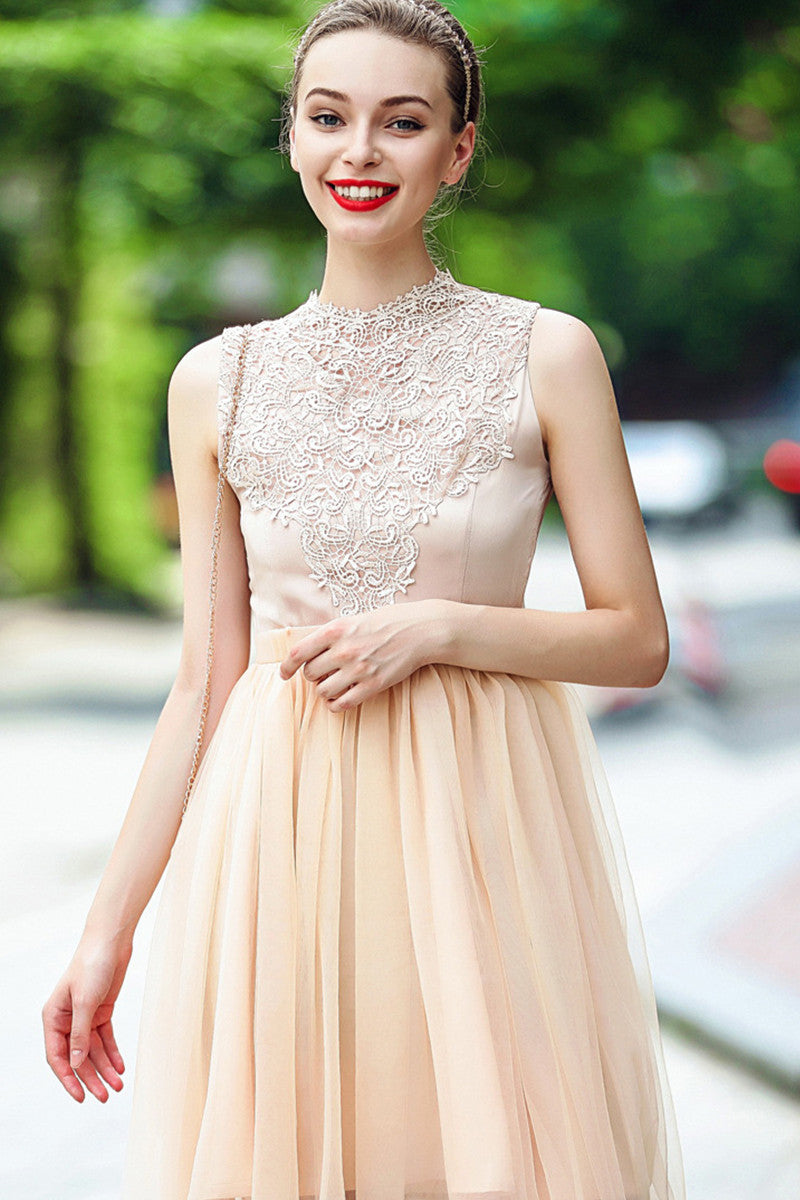 Stand Coollar Crohet Lace Applique Tulle Overlaid Crushed Dress