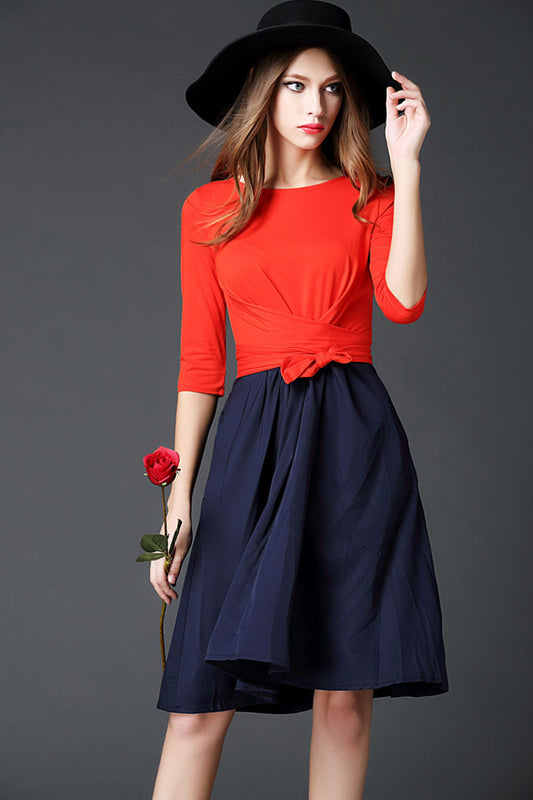 WOMEN'S ROUND NECK 3/4 SLEEVE CASUAL A-LINE VOCATION DRESS
